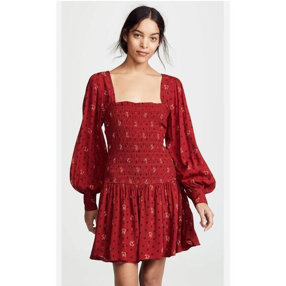 Free People Red Ruby Combo Two Faces Smocked Mini Dress Size Small - Picture 1 of 14